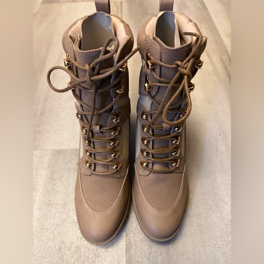 JustFab Tan Lace Up Boots with Rugged Sole - Picture 2 of 7